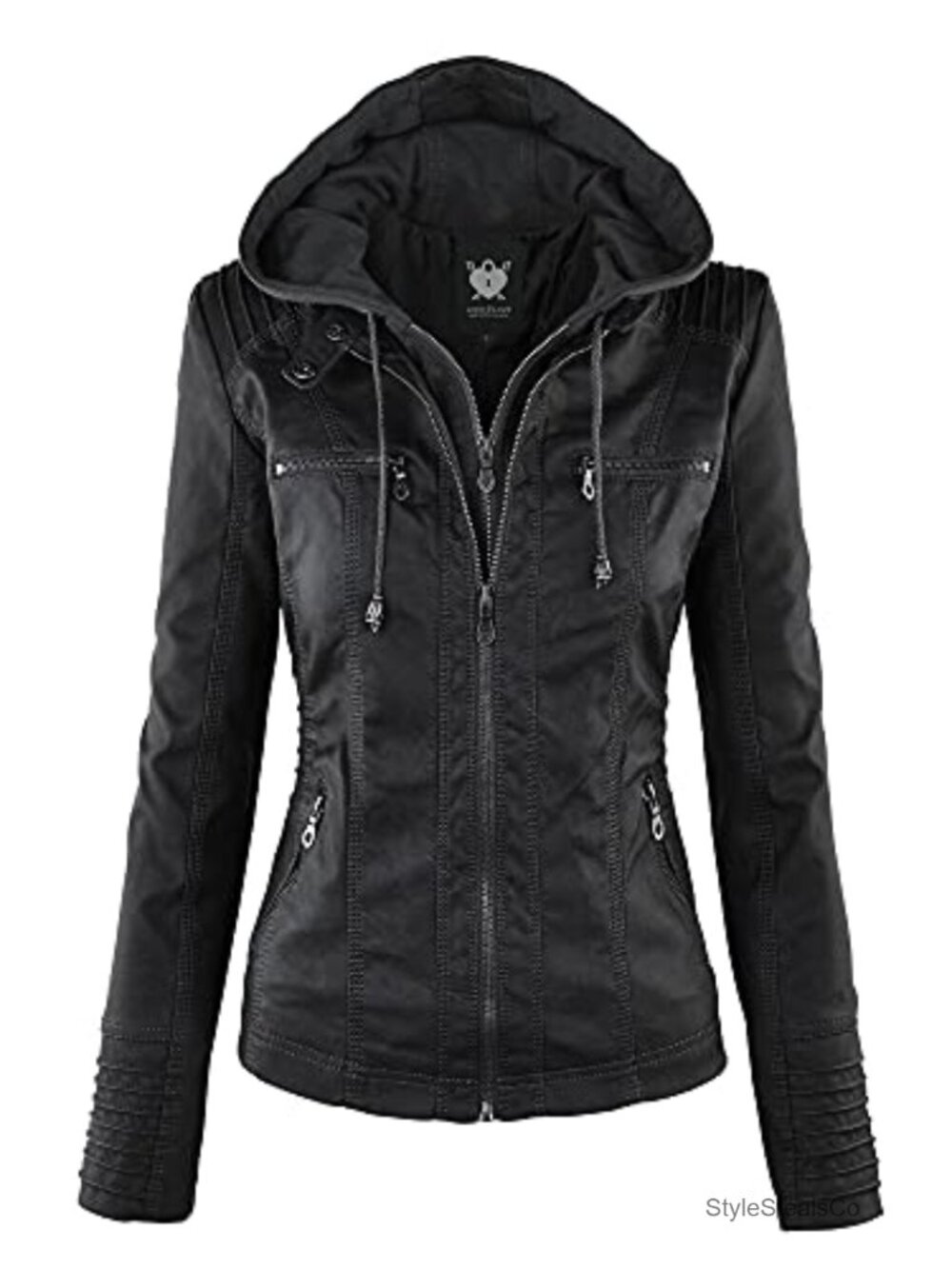 Faux Leather Moto Biker Jacket with Removable Hood Cropped Slim Fit